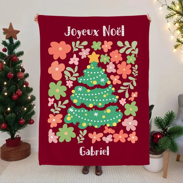 Couverture de Noël Personnalisée avec Nom Texte Motif Floral autour de Sapin Noël Cadeau pour Famille Amis