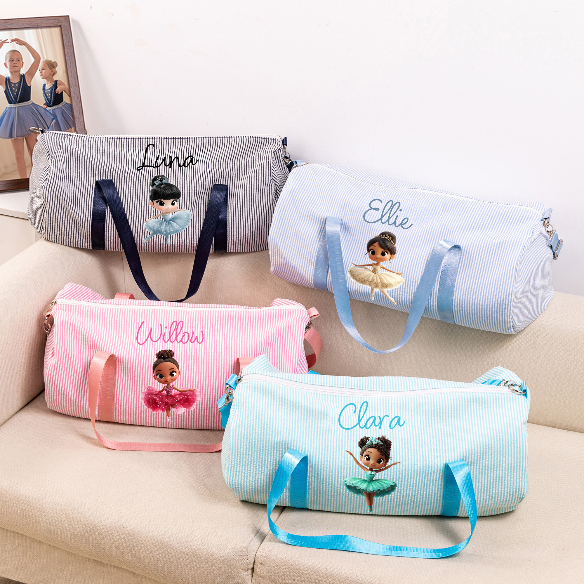 Sac de sport personnalisé sur le thème de la danseuse rayé avec nom et bandoulière Cadeau d'anniversaire pour une fille qui aime la danse