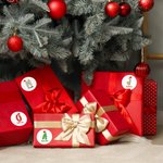 Gepersonaliseerde Waterdichte Kerststickers met Kerstmanmuts Initiaal Naam en Kleurrijk Vuurwerk Ontwerp Feestelijk Kerstcadeau voor Kinderen