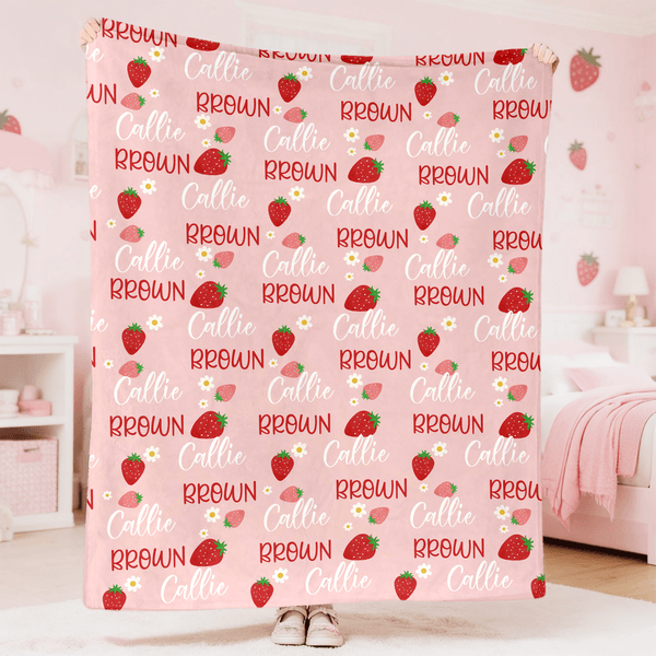 Personalized Flower Strawberry Peach Cherry Pink Soft Throw Blanket with Name Home Decor Birthday Christmas Gift for Girls