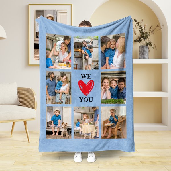 Personalised Multicolor We Love You Nine-Grid Design Soft Throw Blanket with 8 Photos Home Decor Birthday Christmas Gift for Family