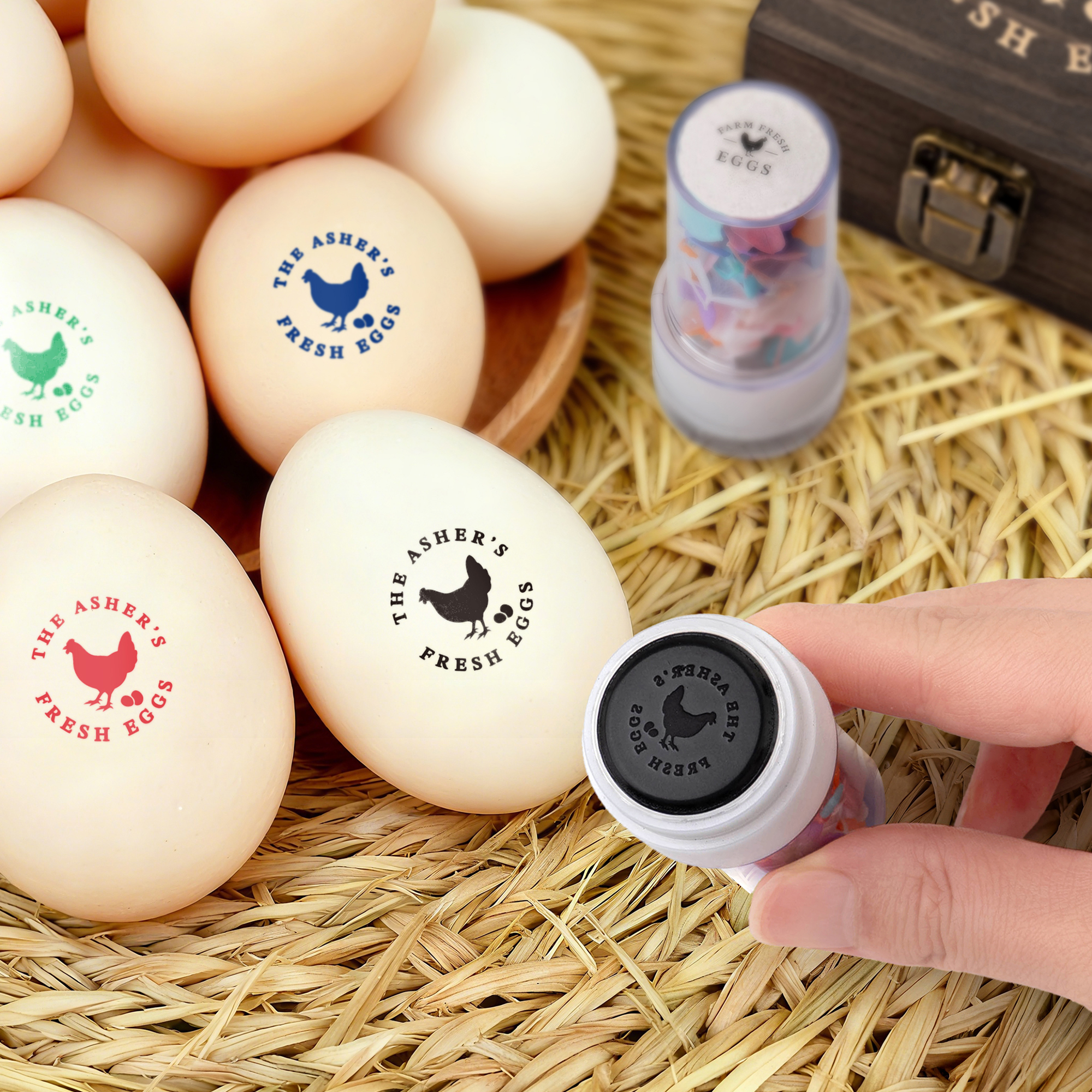 Tampon à oeuf personnalisé avec nom Encre de qualité alimentaire et boîte Cadeau d'anniversaire pour la famille Fermier Éleveur
