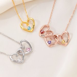 Personalised 1-6 Name Heart Pendants Necklace with Birthstone Dainty Jewellery Birthday Anniversary Christmas Gift for Women