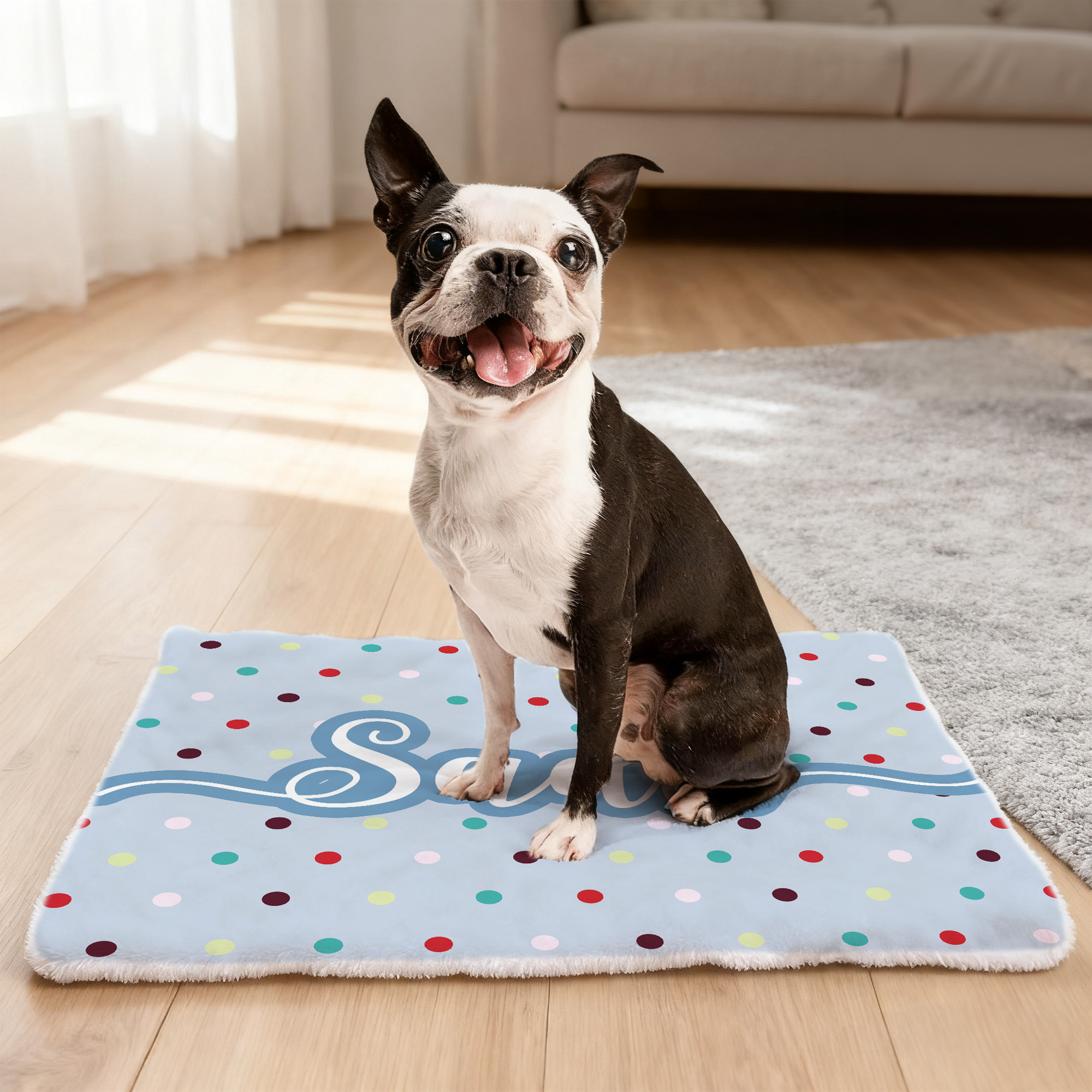 Tapis d'éveil personnalisé à pois multicolores avec nom Activités de plein air Cadeau d'anniversaire pour les propriétaires d'animaux amoureux