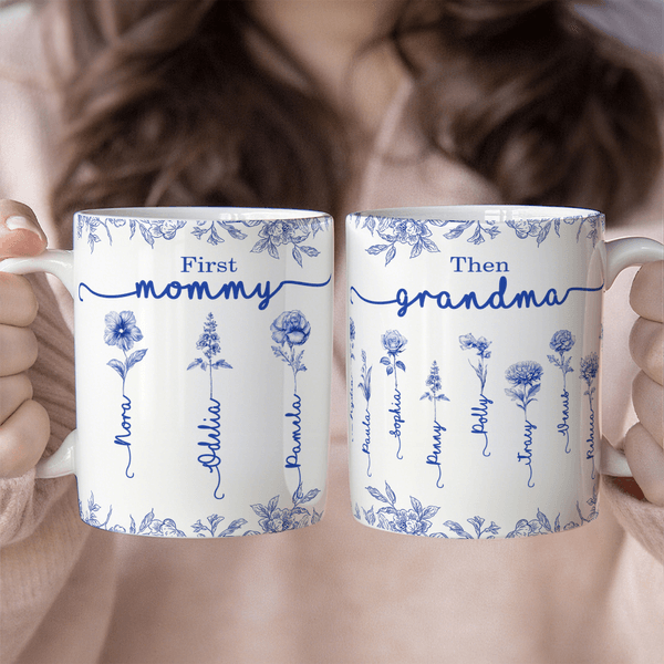 Personalized Toile De Jouy Birth Flower Ceramic Coffee Mug with Nicknames and Names Christmas Thanksgiving Day Birthday Gift for Women