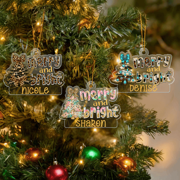 Personalized Merry and Bright Leopard Print Bow Christmas Tree Acrylic Ornament with Name Home Tree Decor Christmas Gift for Family