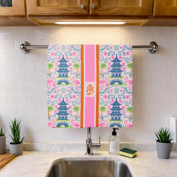 Personlig Chinoiserie Pagoda Mjuk superabsorberande våfflad kökshandduk med initialer Köksdekor Daglig användning Housewarming Present för värdinnor