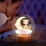 Personlig söt djur akryl LED nattlampa med namn och träsockel inredning för barnrum perfekt födelsedagspresent till pojke eller flicka