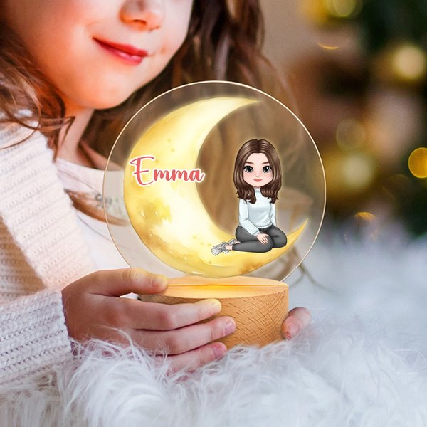 Veilleuse LED personnalisée avec nom et socle en bois Décoration de chambre Anniversaire Cadeau de pendaison de crémaillère pour la famille