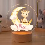Personlig söt djur akryl LED nattlampa med namn och träsockel inredning för barnrum perfekt födelsedagspresent till pojke eller flicka