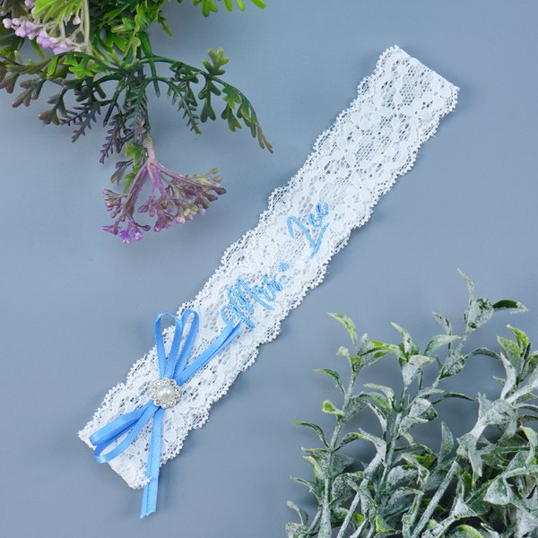 Personalised Lace Bow Flower Butterfly Heart Something Blue Wedding Garter with Embroidered Text Wedding Keepsake Gift for Bride