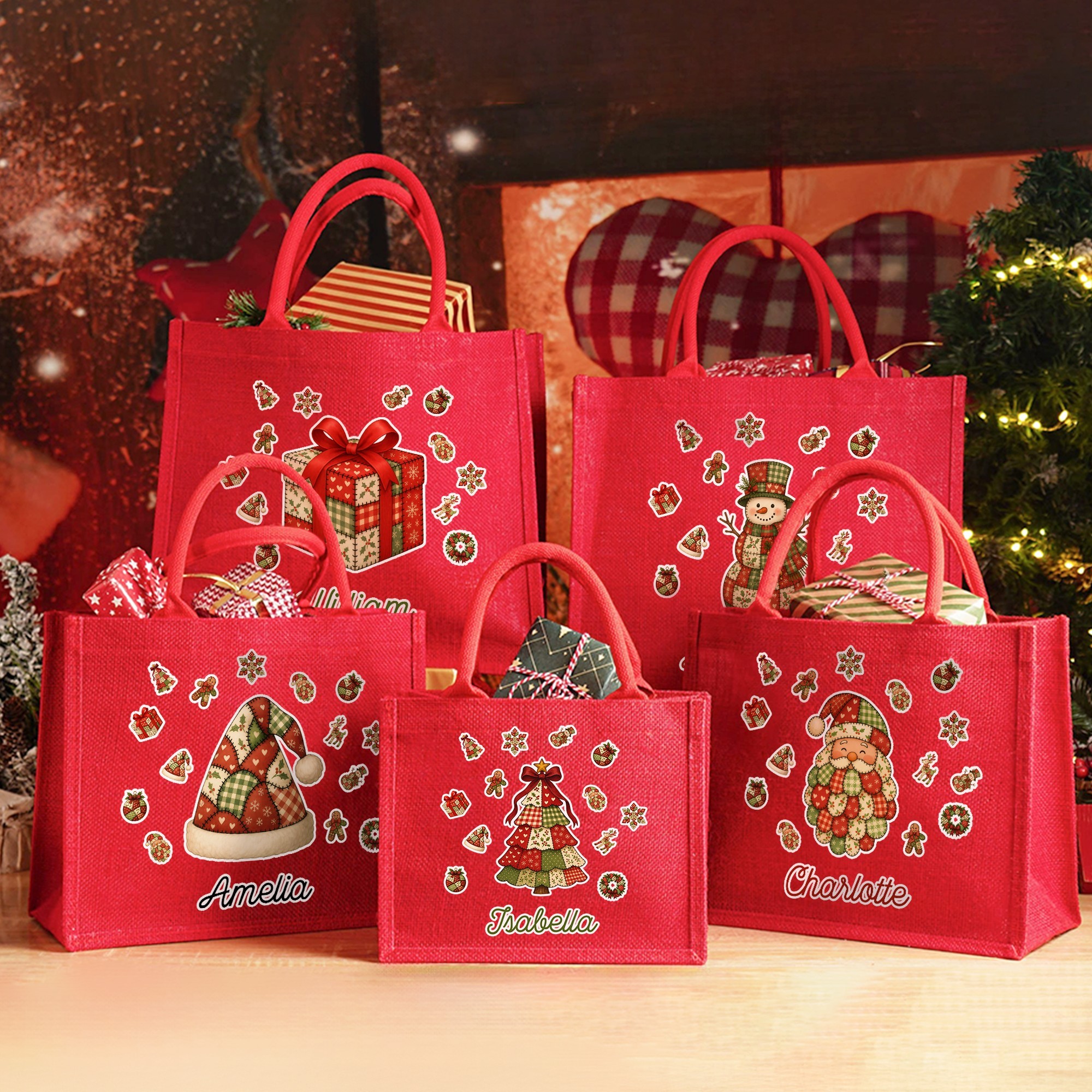 Sac en toile de jute rouge avec nom Cadeau de Noël pour les enfants et les amis