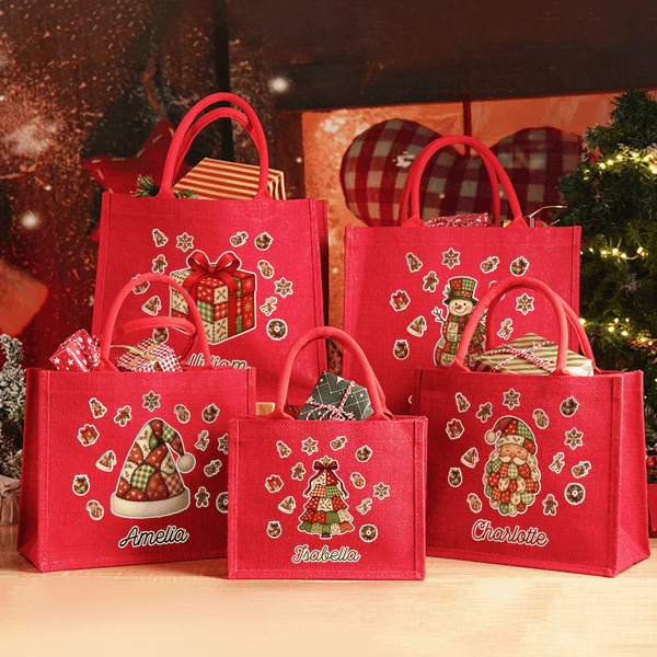 Personalized Christmas Theme Multiple Pattern Large Red Jute Tote Bag with Name Christmas Gift for Children Friends