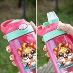 Personalised Cartoon Animals 16 oz Kid Water Bottle with Name and Silicone Straw Back to School Birthday Gift for Boys Girls