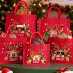 Personalised Cartoon Reindeer Reusable Red Jute Tote Bag with Name Christmas Party Gift for Family Kids