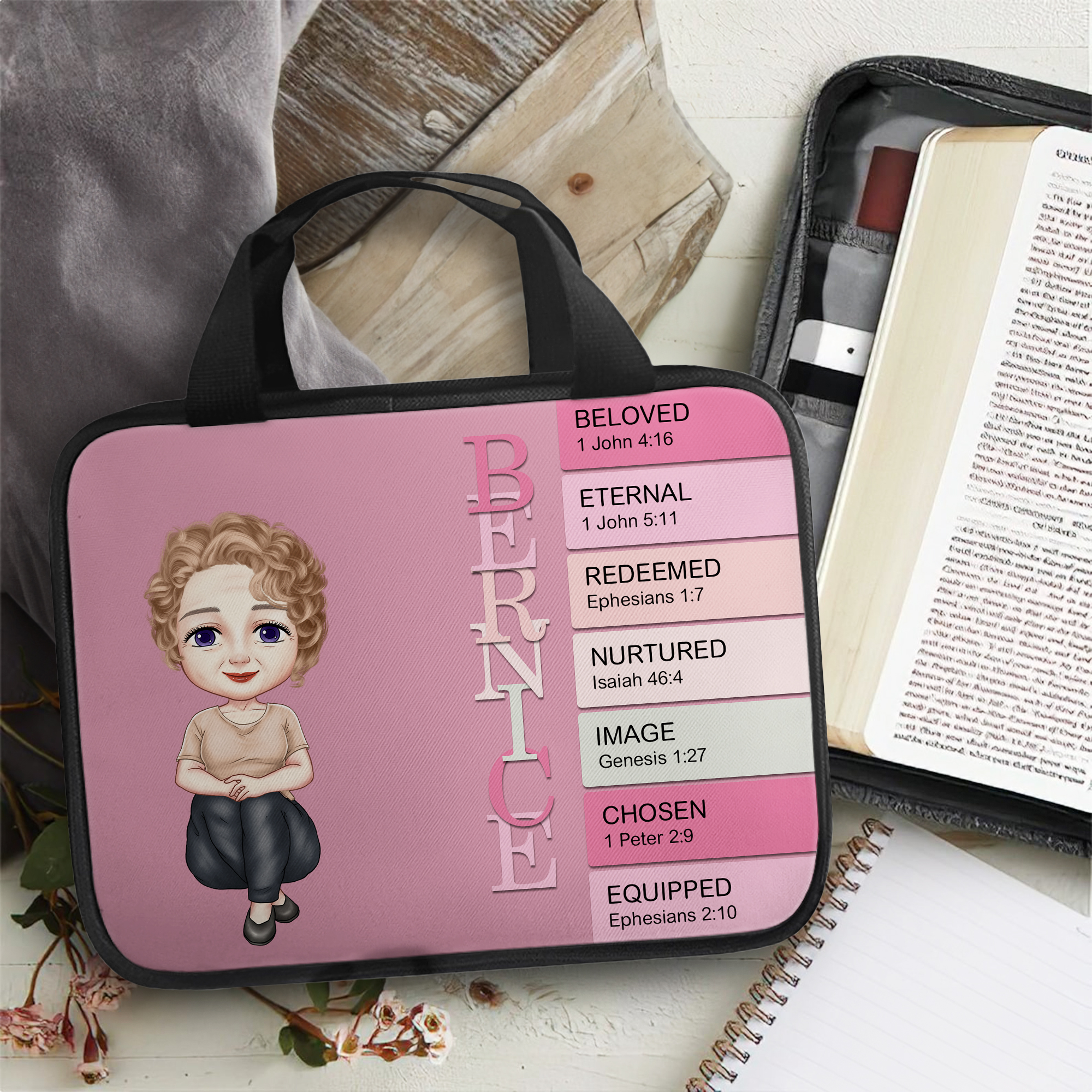 Sac de rangement pour Bible avec verset biblique personnalisé Sac de rangement pour Bible avec personnage de dessin animé Utilisation quotidienne Cadeau de baptême pour famille chrétienne Amis