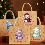 Personalisierte Jute-Tasche Tote Bag im Weihnachten-Schneemann-Design mit Schneeflocke und Namen Weihnachten Party Geschenk für Kinder Familie
