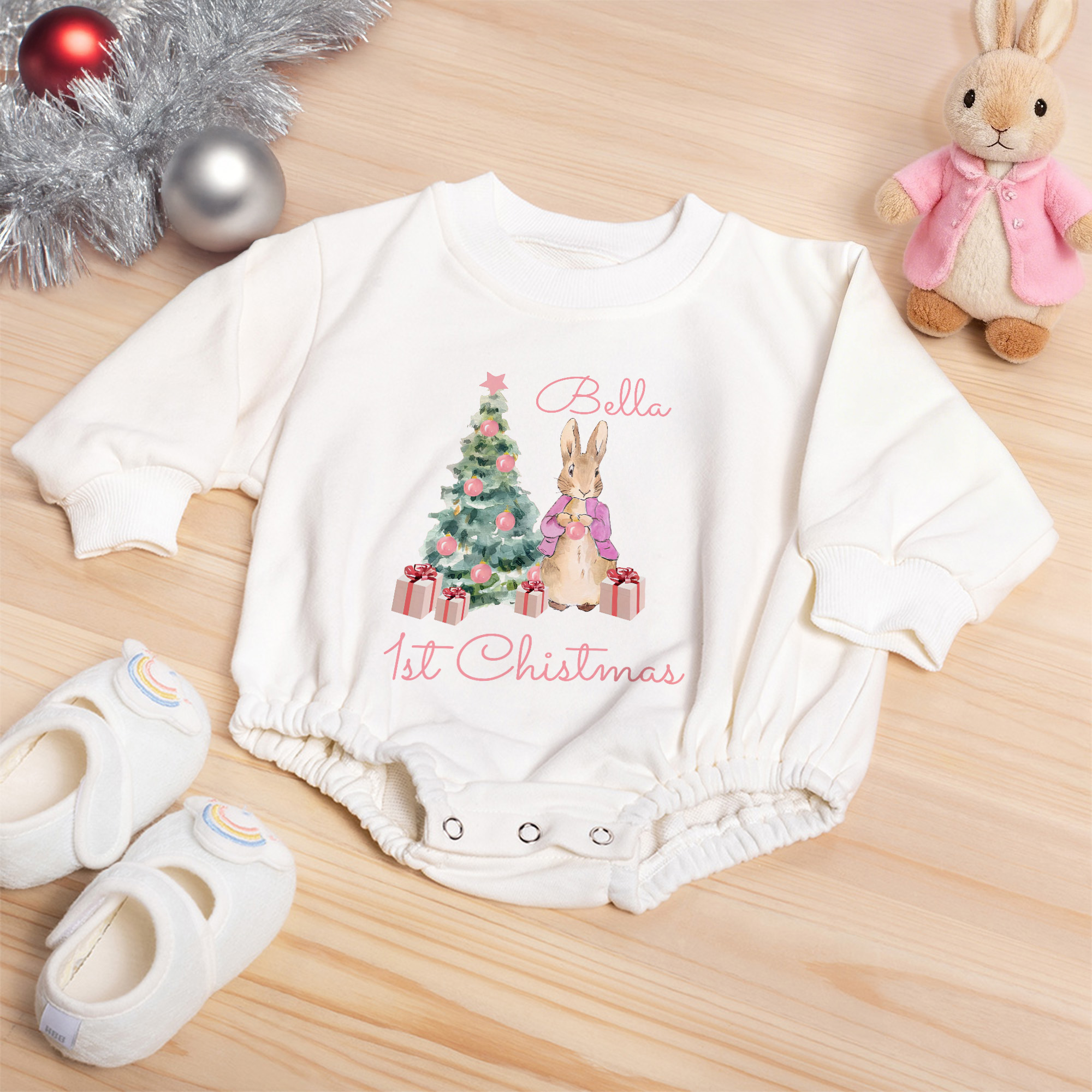 Personnalisé Peter Rabbit Premier Noël 100% coton Body à manches longues pour bébé Bandeau et chaussettes assortis avec nom Cadeau de Noël pour nouveau-né
