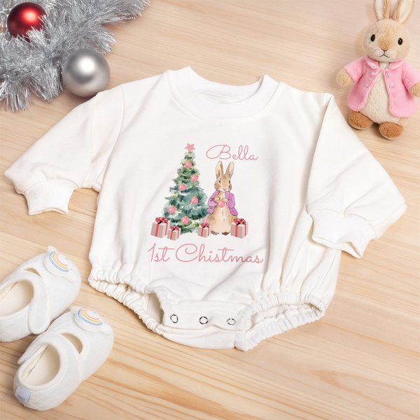 Personalized Peter Rabbit First Christmas 100% Cotton Long Sleeve Baby Bodysuit Matching Headband and Socks with Name Christmas Gift for Newborns