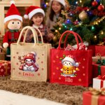 Personalisierte Jute-Tasche Tote Bag im Weihnachten-Schneemann-Design mit Schneeflocke und Namen Weihnachten Party Geschenk für Kinder Familie