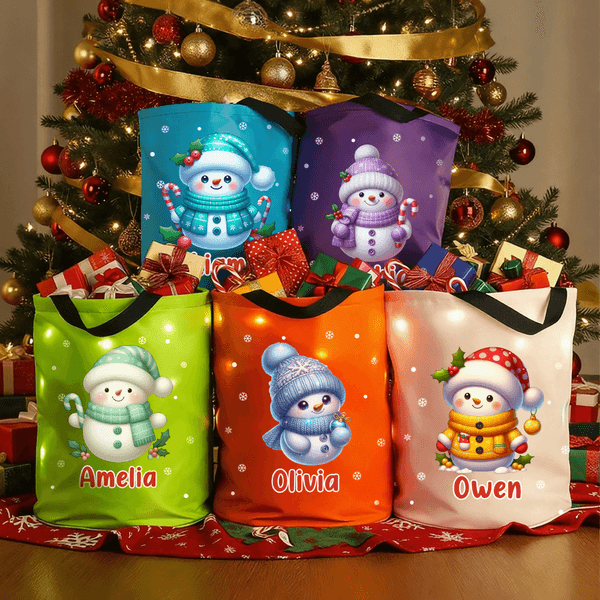 Personalized Cute Cartoon Snowman LED Light Bucket Bag with Name Holiday Storage Decor Christmas Gift for Kids Friends Family
