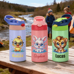 Gepersonaliseerde Leuke Dieren 12 oz Geïsoleerde Kid Waterfles met Naam en Rietje Terug naar School Verjaardagscadeau voor Jongens Meisjes