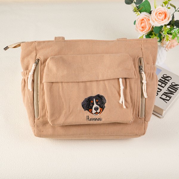 Personalised Embroidered Pet Avatar Corduroy Zipper Shoulder Tote Bag with Name Travel Accessories Birthday Christmas Gift for Pet Lovers Friends