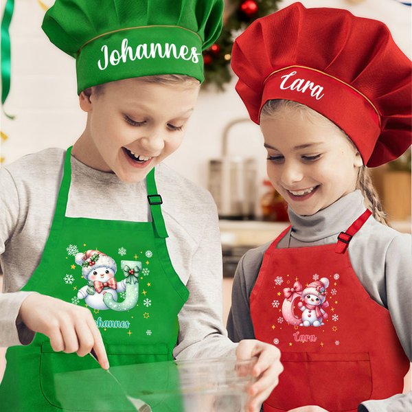 Personalisiertes Kinderschürze und Kochmütze Set im Weihnachten-Schneemann-Design mit Initiale und Namen Weihnachtsgeschenk für Kinder
