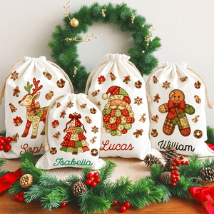 Personalisierte Patchwork Element Weihnachtsbaum Weihnachtsmann Canvas Drawstring Geschenk Tasche mit Namen Weihnachtsgeschenk für Familie Kinder