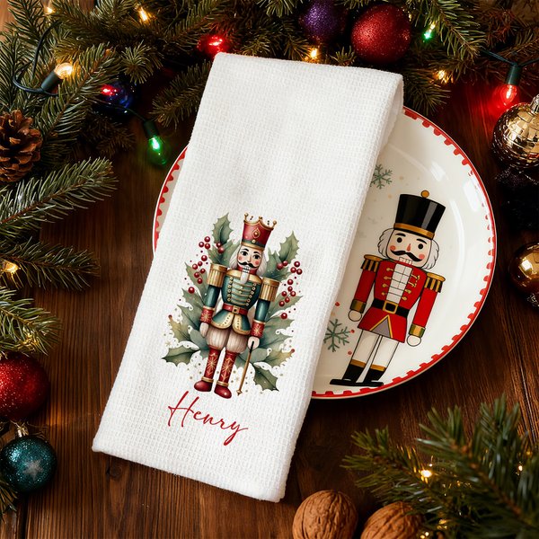 Personalised Nutcracker Waffle Tea Towel with Name Kitchen Decor Christmas Gift for Family Friend