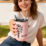 Personalised Watercolour Birth Flower Bow 10 oz Insulated Travel Coffee Cup with Name Birthday Christmas Gift for Women