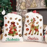 Personalized Patchwork Element Christmas Tree Santa Claus Canvas Drawstring Gift Bag with Name Christmas Gift for Family Kids