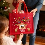 Personalised Cartoon Reindeer Reusable Red Jute Tote Bag with Name Christmas Party Gift for Family Kids