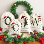 Gepersonaliseerde Canvas Cadeauzak met Trekkoord Belletje Hulst en Kerstmanhoed Ontwerp met Initiaal Naam en Tekst Kerstcadeau voor Familie Kinderen