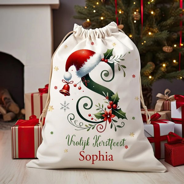 Gepersonaliseerde Canvas Cadeauzak met Trekkoord Belletje Hulst en Kerstmanhoed Ontwerp met Initiaal Naam en Tekst Kerstcadeau voor Familie Kinderen