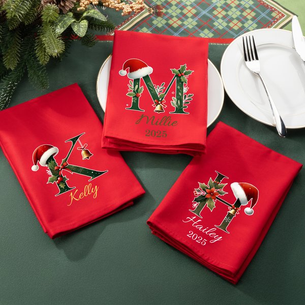Servilleta reutilizable personalizada con el nombre de Papá Noel Sombrero Acebo Inicial 100% algodón Decoración de mesa Regalo de Navidad para la familia