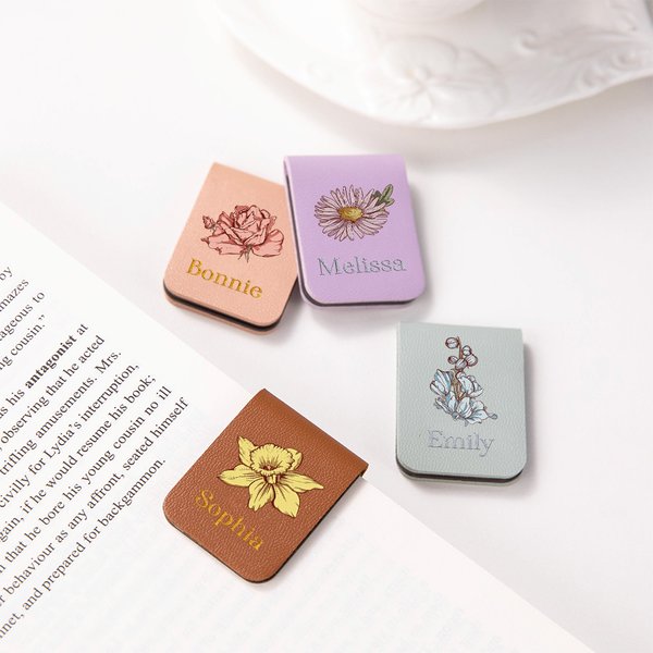 Birth Flower Bookmark Personalised Watercolour Magnetic Leather Clip Engraved Name Gift for Book Lovers Readers