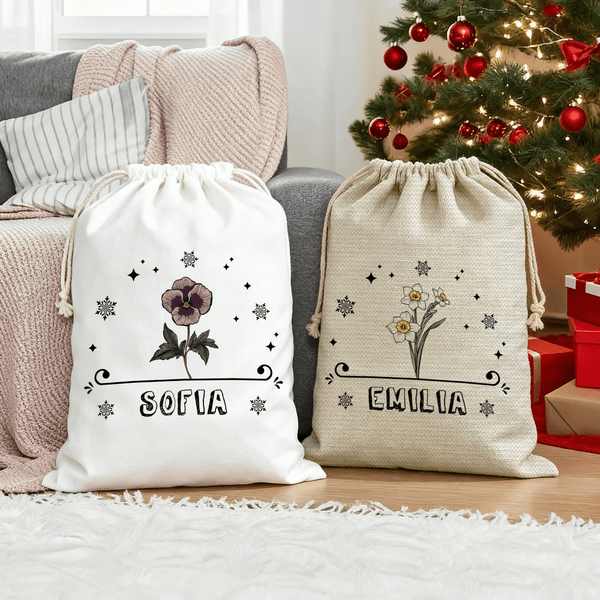 Gepersonaliseerde Geboorte Bloem Drawstring Gift Bag met Naam Verjaardag Verjaardag Kerstcadeau voor kinderen Familie Vrienden