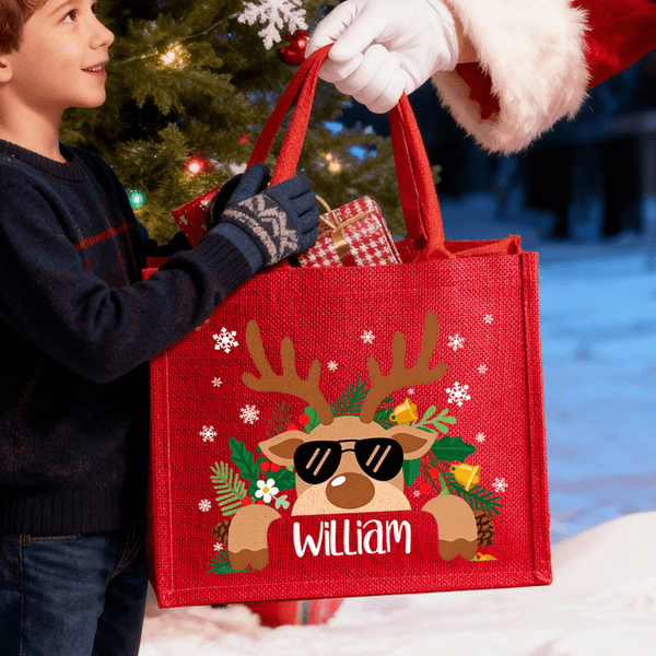 Personalised Cartoon Reindeer Reusable Red Jute Tote Bag with Name Christmas Party Gift for Family Kids
