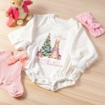 Personalised Peter Rabbit First Christmas 100% Cotton Long Sleeve Baby Bodysuit Matching Headband and Socks with Name Christmas Gift for Newborns