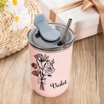 Personalised Watercolour Birth Flower Bow 10 oz Insulated Travel Coffee Cup with Name Birthday Christmas Gift for Women