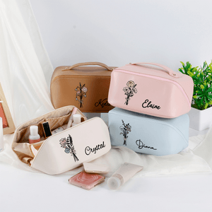 Personalised Birth Flower Large Wide Open Portable PU Leather Makeup Bag with Name Travel Accessories Birthday Gift for Women Girls
