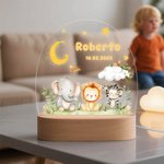 Luz nocturna LED personalizada de animales del bosque con base de madera y nombre decoración para habitación y regalo de cumpleaños para niños