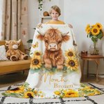 Personalized Cute Highland Cow Sunflowers Soft Throw Blanket with Name Home Decor Birthday Baby Shower Gift for Kids