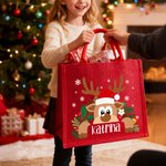 Personalised Cartoon Reindeer Reusable Red Jute Tote Bag with Name Christmas Party Gift for Family Kids