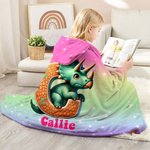Personalised Fantasy Unicorn Dinosaur Initial Design Soft Hooded Blanket with Name Home Decor Birthday Gift for Kids Family