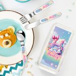 Personalized Cute Fantasy Unicorn Dinosaur Food-Grade Kid's Fork Spoon Knife 3 Pcs Cutlery Set with Name and Initial Daily Use Birthday Gift for Kids