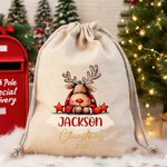 Personalized Cute Cartoon Elk Design Christmas Drawstring Gift Bag with Name Christmas Gift for Kids Family