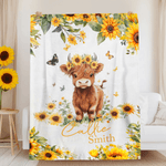 Personalized Cute Highland Cow Sunflowers Soft Throw Blanket with Name Home Decor Birthday Baby Shower Gift for Kids