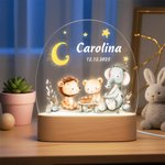Luz nocturna LED personalizada de animales del bosque con base de madera y nombre decoración para habitación y regalo de cumpleaños para niños